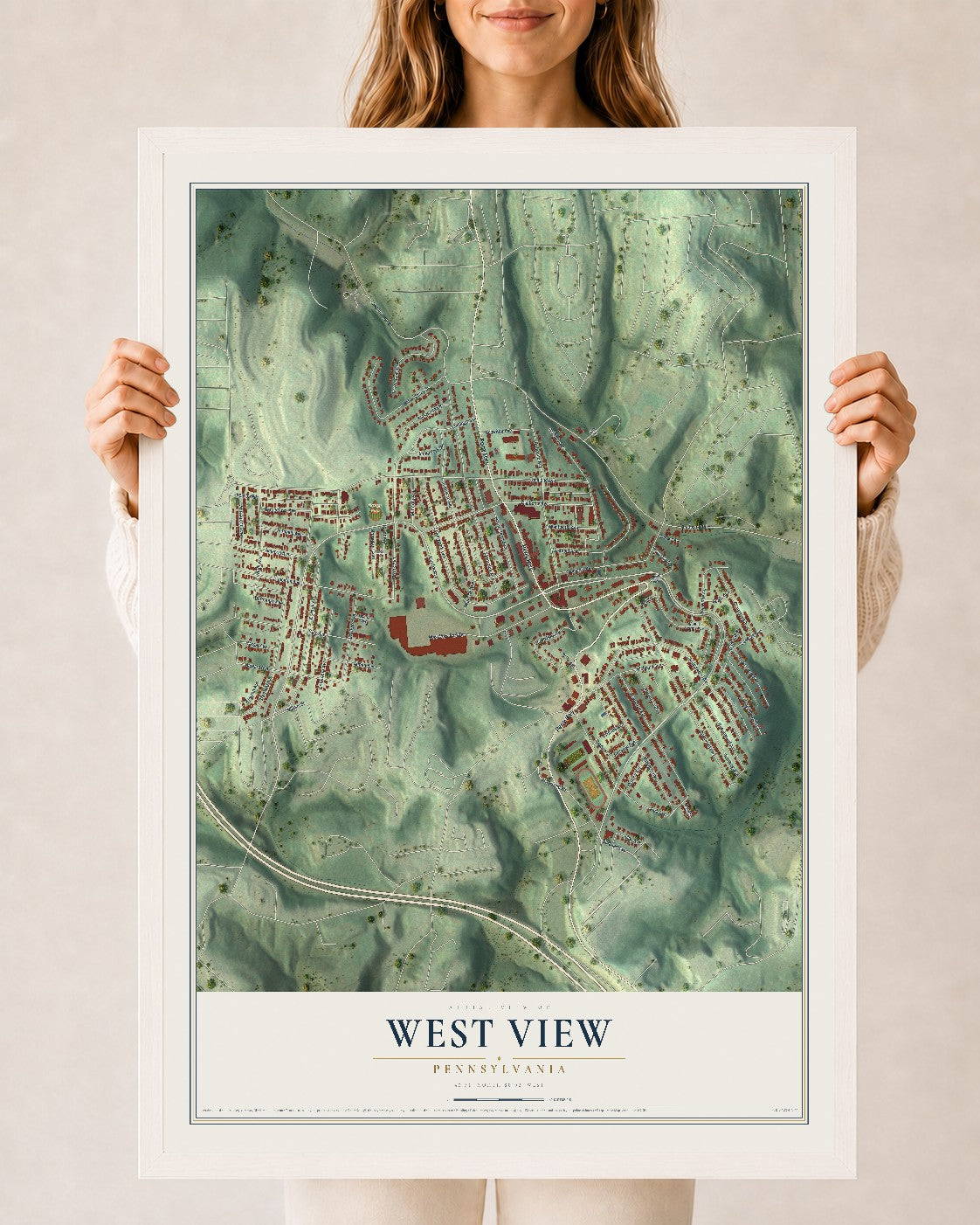 Map of West View, Pennsylvania, 24 x 36 inch print in a white wood frame