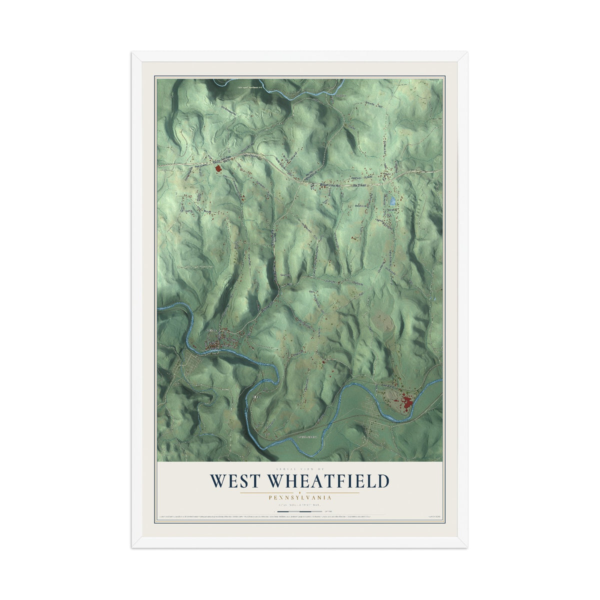Map of West Wheatfield, Pennsylvania, 12 x 18 inch print in a white wood frame