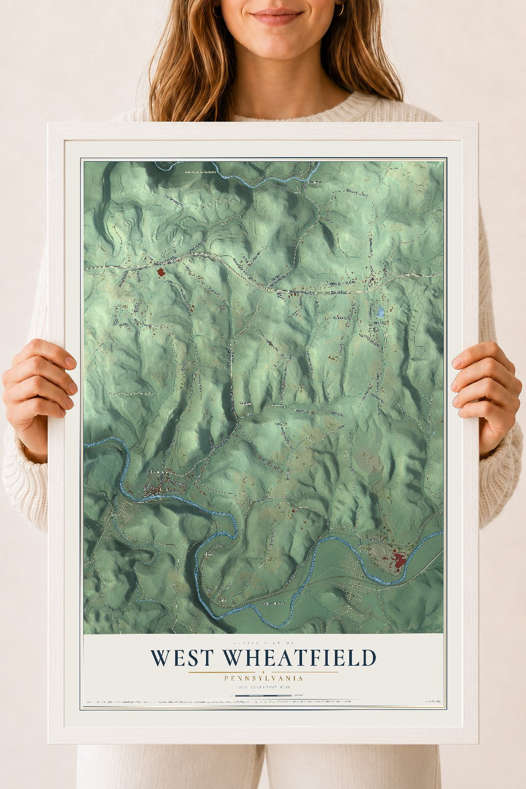 Map of West Wheatfield, Pennsylvania, 18 x 24 inch print in a white wood frame