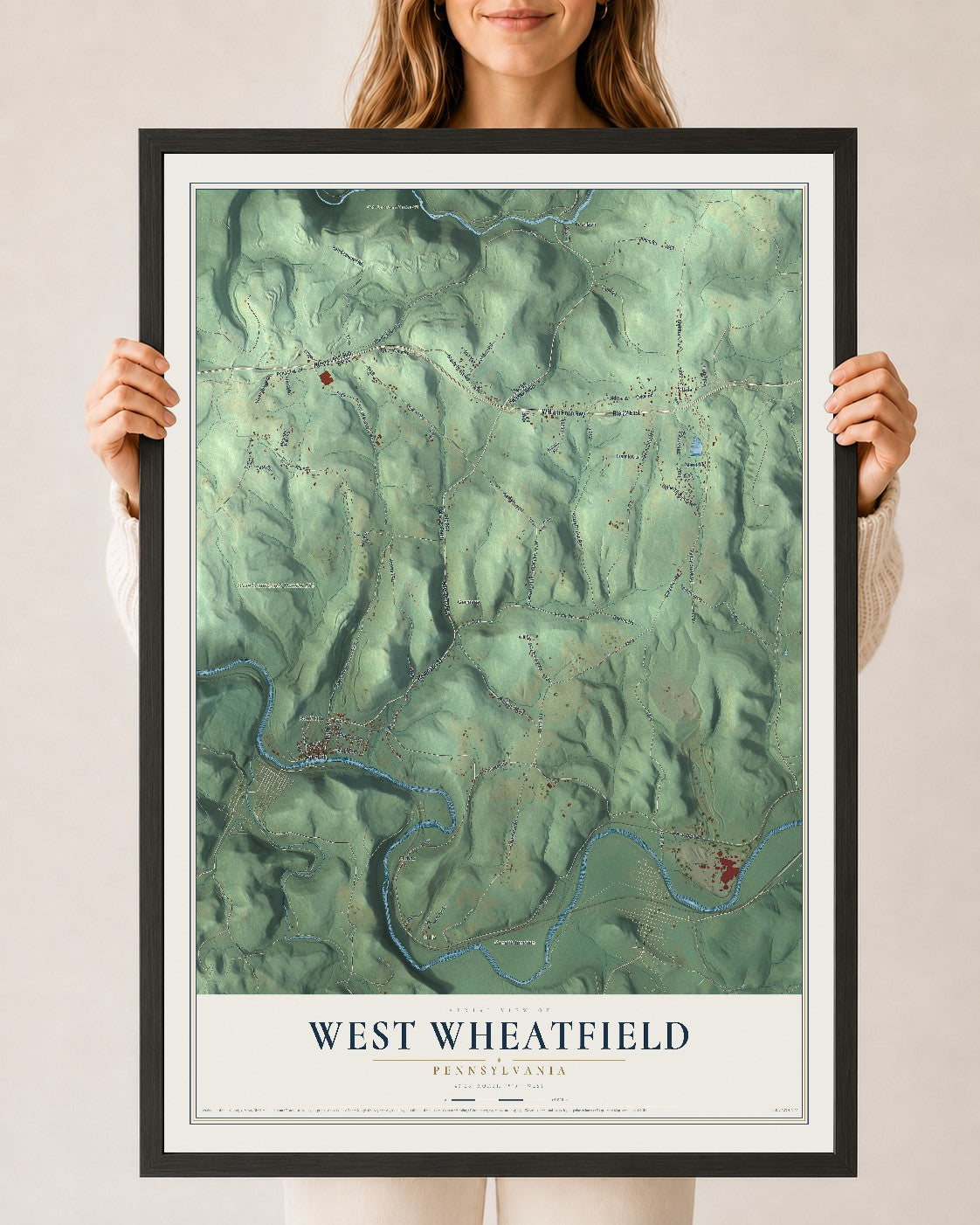Map of West Wheatfield, Pennsylvania, 24 x 36 inch print in a black wood frame