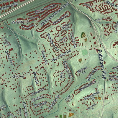 Close-up of the map of West Whiteland, Pennsylvania print showing street and building detail