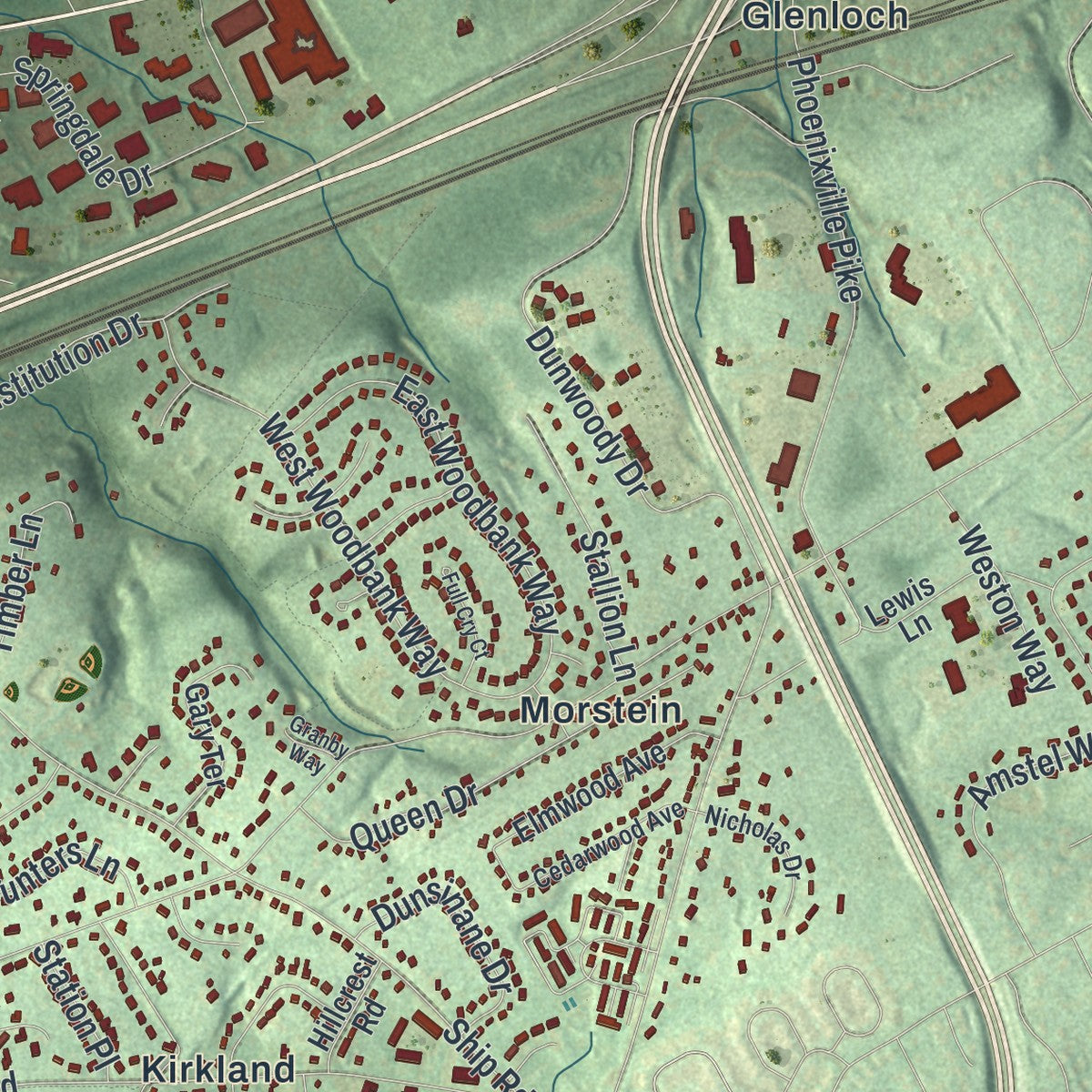 Second close-up of the map of West Whiteland, Pennsylvania print showing more streets and buildings