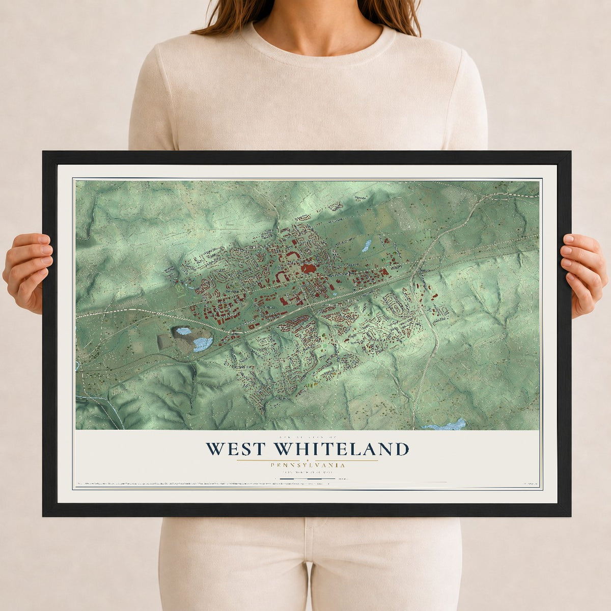 Map of West Whiteland, Pennsylvania, 12 x 18 inch print in a black wood frame
