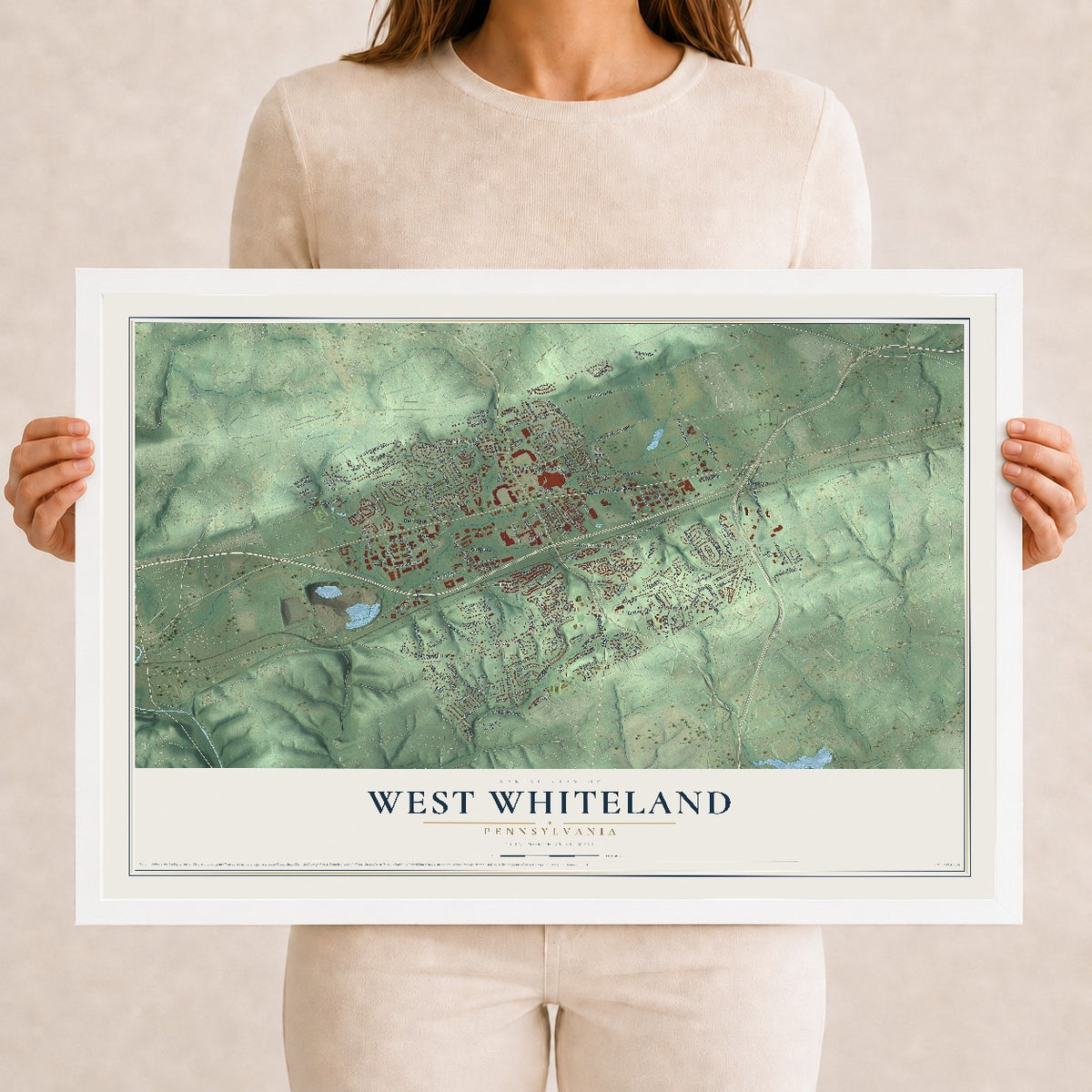 Map of West Whiteland, Pennsylvania, 12 x 18 inch print in a white wood frame