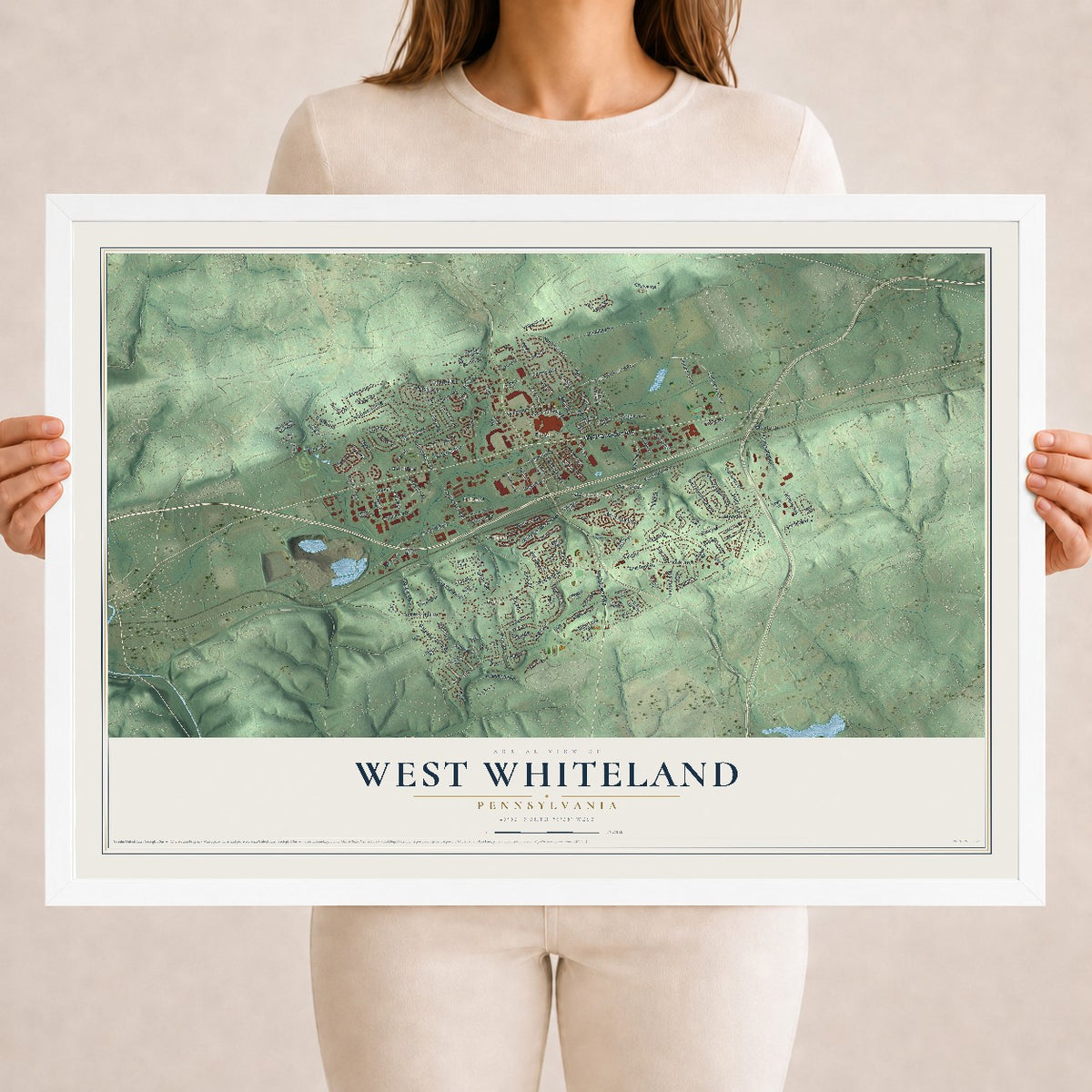 Map of West Whiteland, Pennsylvania, 18 x 24 inch print in a white wood frame