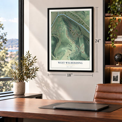 West Wilmerding, Pennsylvania map, 18 x 24 inch print in a black frame in a home office