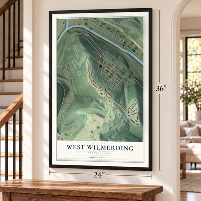 West Wilmerding, Pennsylvania map, 24 x 36 inch print in a black frame by a staircase