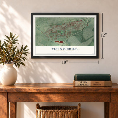 West Wyomissing, Pennsylvania map, 12 x 18 inch print in a black frame in an entryway