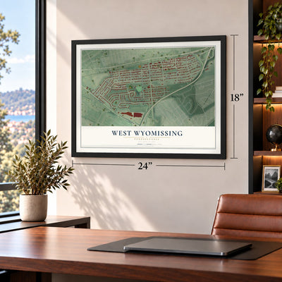West Wyomissing, Pennsylvania map, 18 x 24 inch print in a black frame in a home office