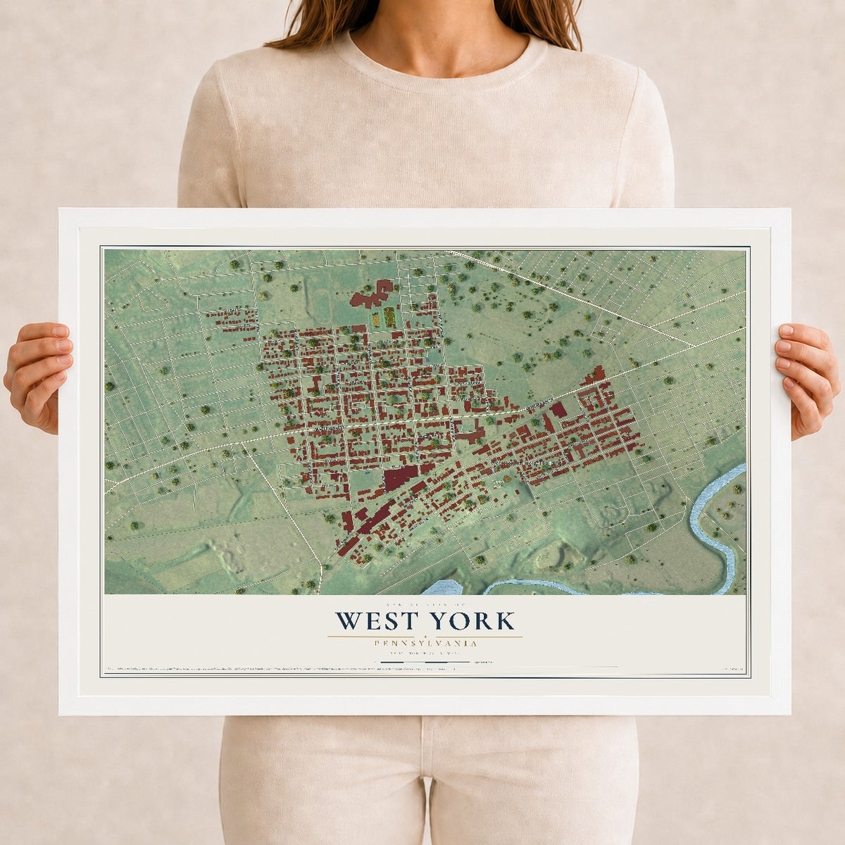 Map of West York, Pennsylvania, 12 x 18 inch print in a white wood frame