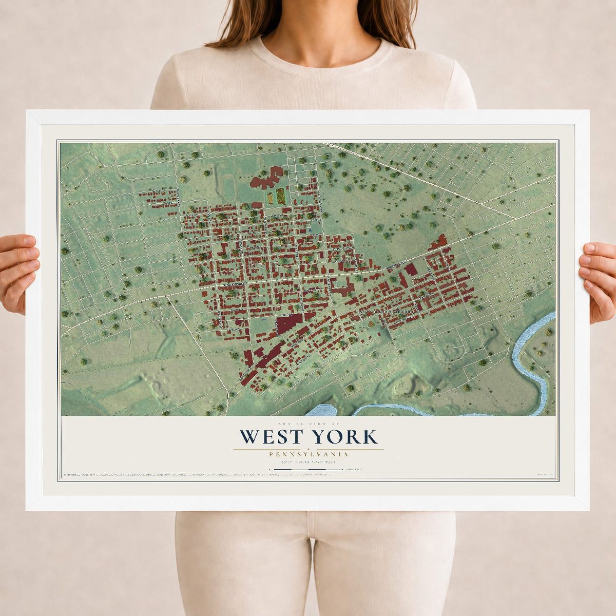 Map of West York, Pennsylvania, 18 x 24 inch print in a white wood frame