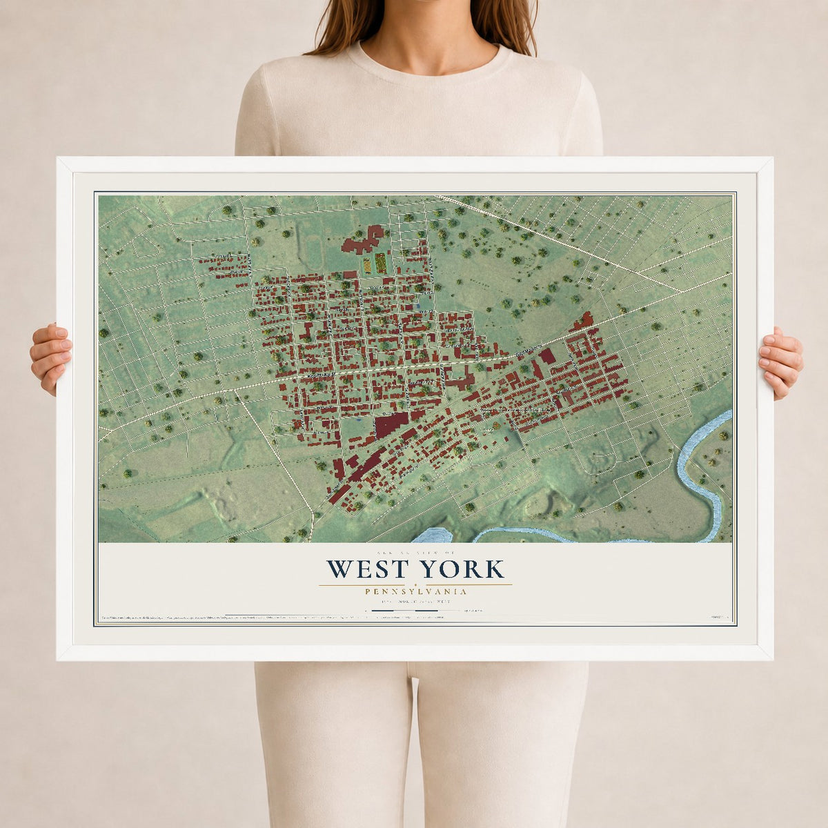 Map of West York, Pennsylvania, 24 x 36 inch print in a white wood frame
