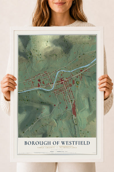 Map of the Borough of Westfield, Tioga County, Pennsylvania, 18 x 24 inch print in a white wood frame