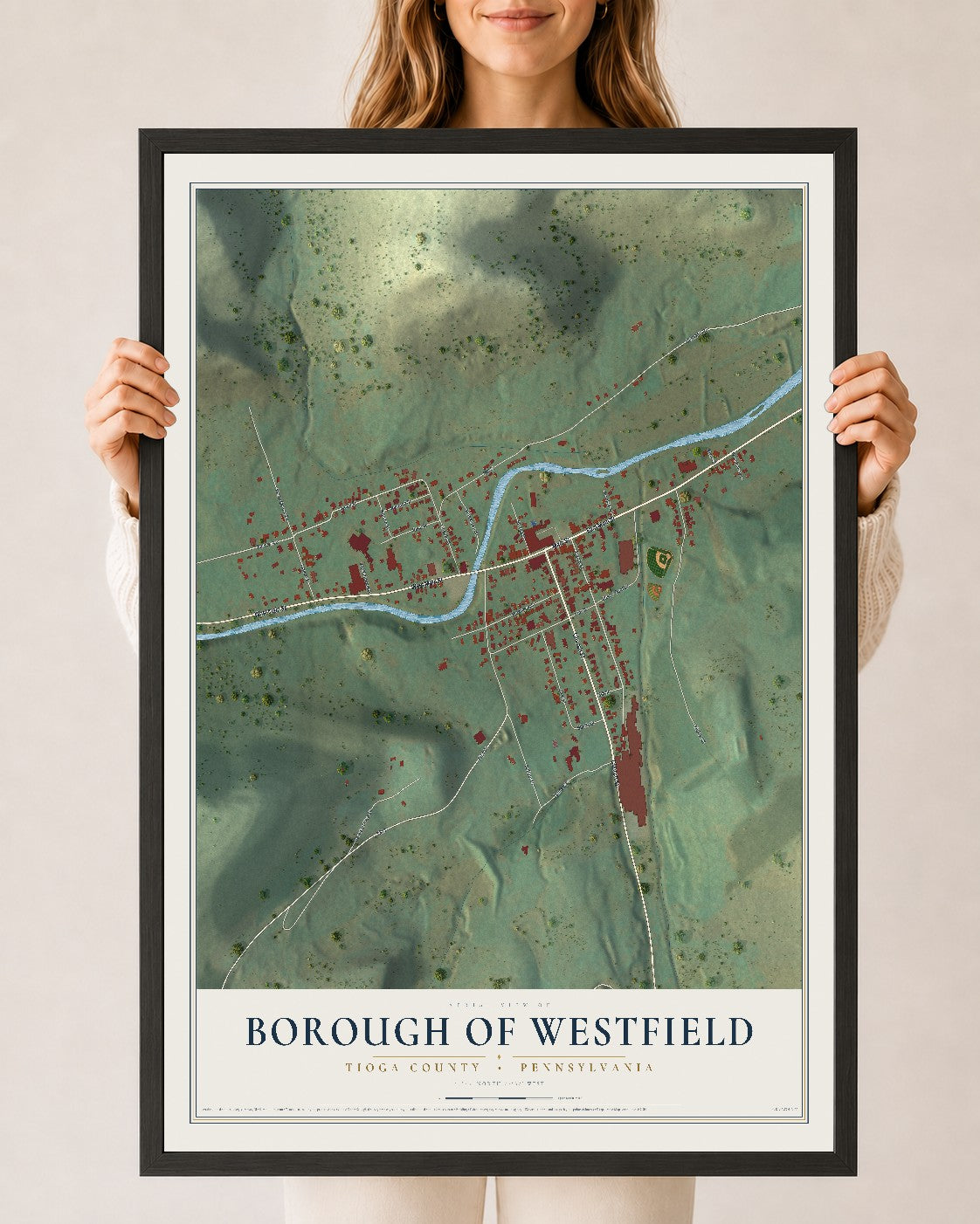 Map of the Borough of Westfield, Tioga County, Pennsylvania, 24 x 36 inch print in a black wood frame