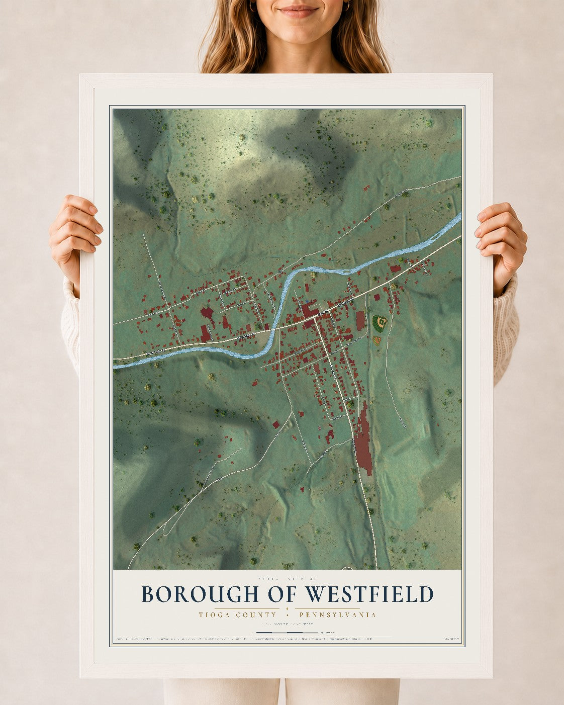 Map of the Borough of Westfield, Tioga County, Pennsylvania, 24 x 36 inch print in a white wood frame
