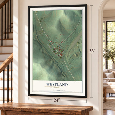 Westland, Pennsylvania map, 24 x 36 inch print in a black frame by a staircase