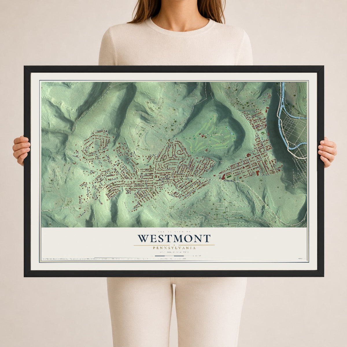 Map of Westmont, Pennsylvania, 24 x 36 inch print in a black wood frame