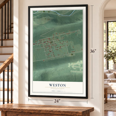 Weston, Pennsylvania map, 24 x 36 inch print in a black frame by a staircase
