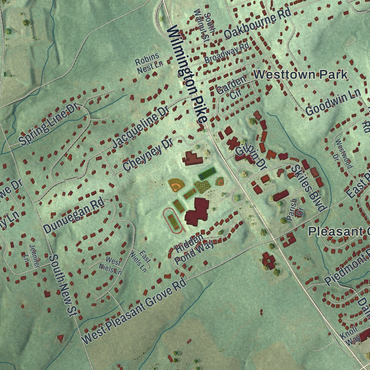 Second close-up of the map of Westtown, Pennsylvania print showing more streets and buildings