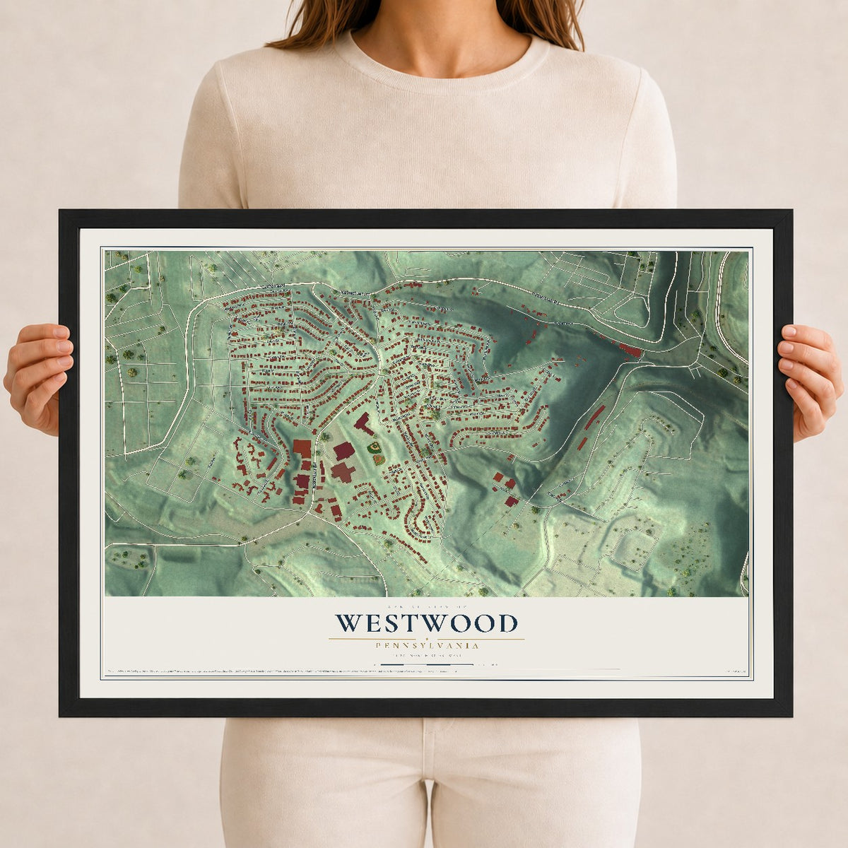 Map of Westwood, Pennsylvania, 12 x 18 inch print in a black wood frame