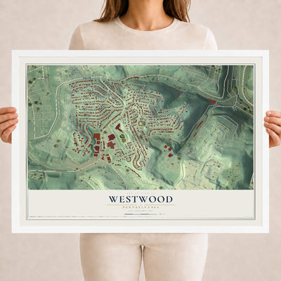 Map of Westwood, Pennsylvania, 18 x 24 inch print in a white wood frame