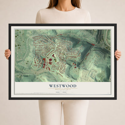 Map of Westwood, Pennsylvania, 24 x 36 inch print in a black wood frame