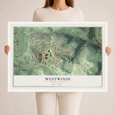 Map of Westwood, Pennsylvania, 24 x 36 inch print in a white wood frame