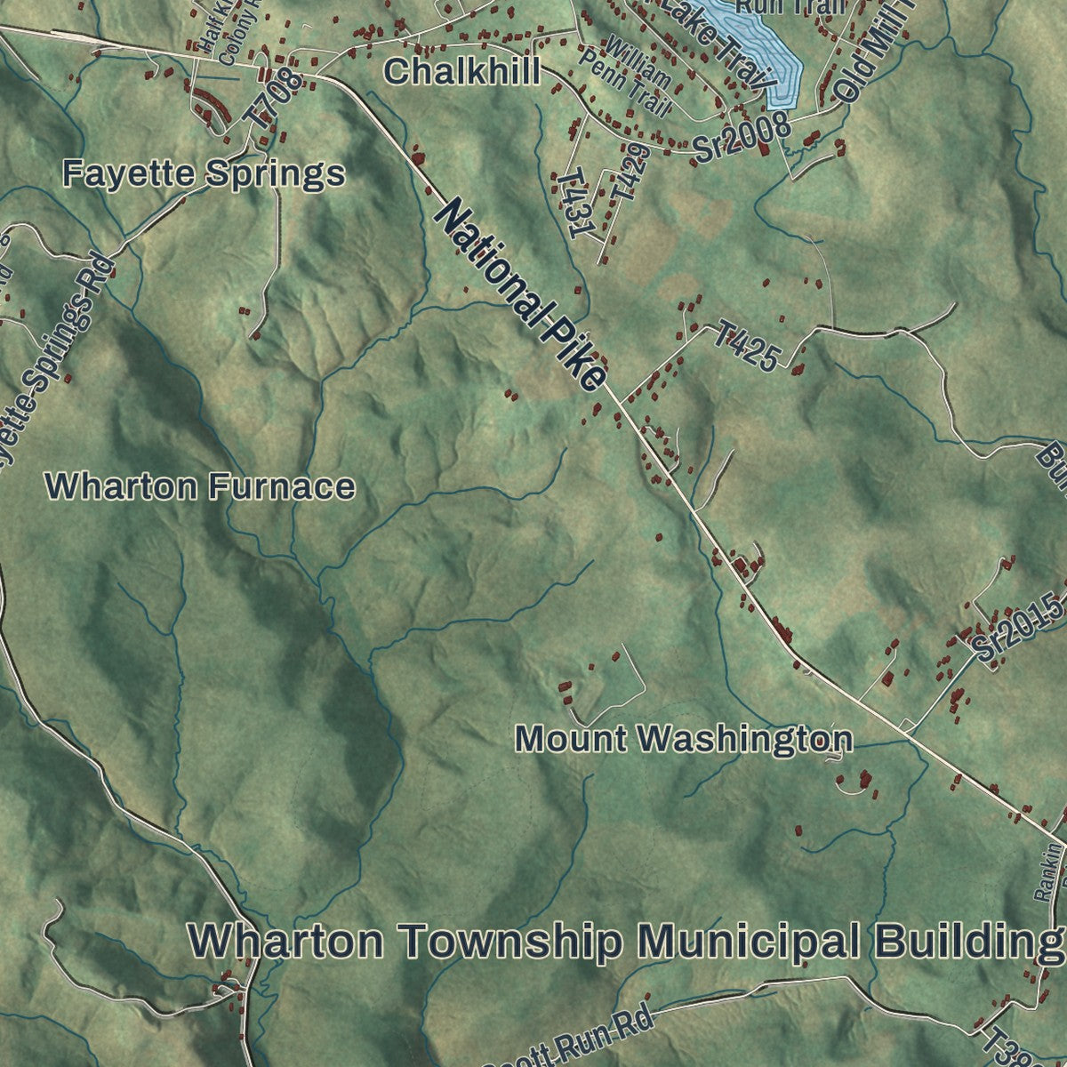 Close-up of the map of Wharton, Fayette County, Pennsylvania print showing street and building detail