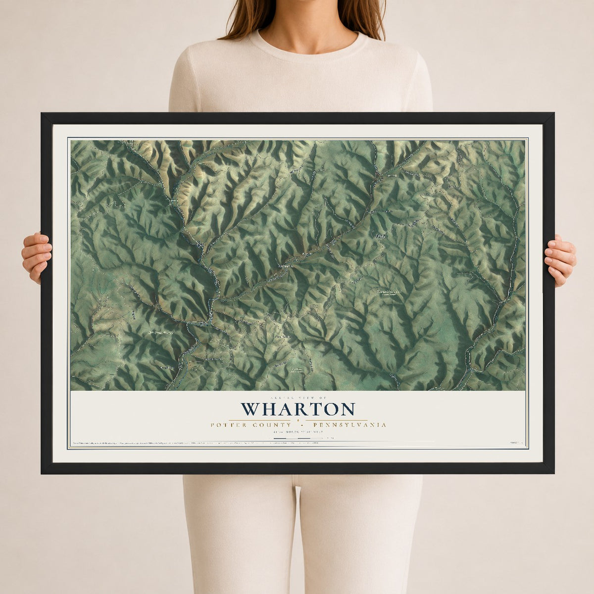 Map of Wharton, Potter County, Pennsylvania, 24 x 36 inch print in a black wood frame