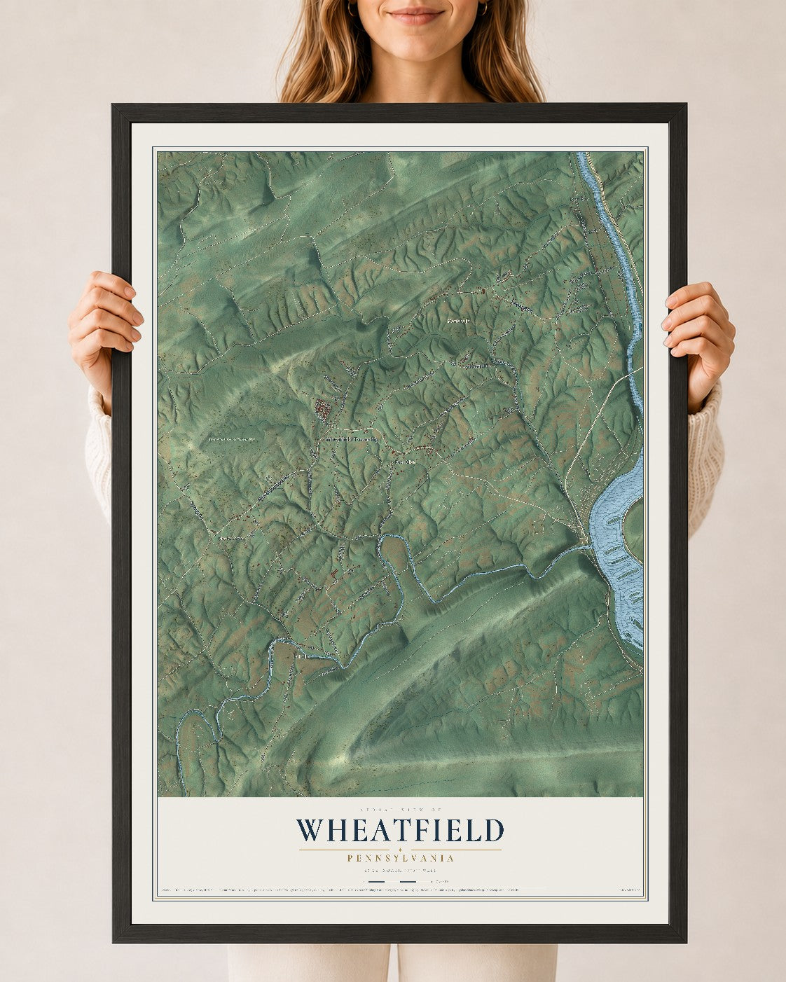Map of Wheatfield, Pennsylvania, 24 x 36 inch print in a black wood frame