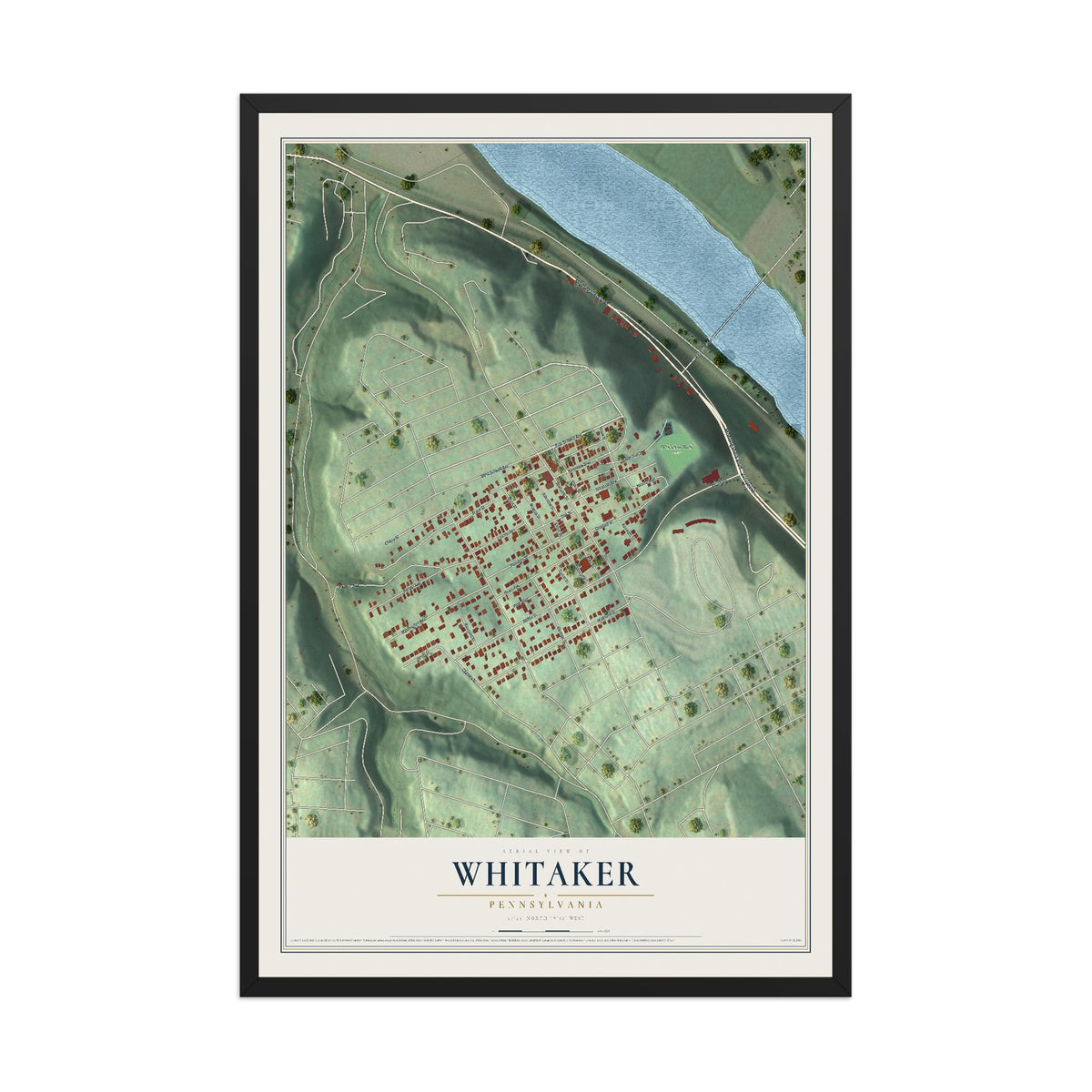 Map of Whitaker, Pennsylvania, 12 x 18 inch print in a black wood frame
