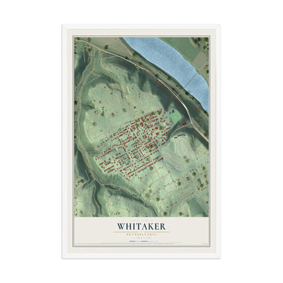 Map of Whitaker, Pennsylvania, 12 x 18 inch print in a white wood frame