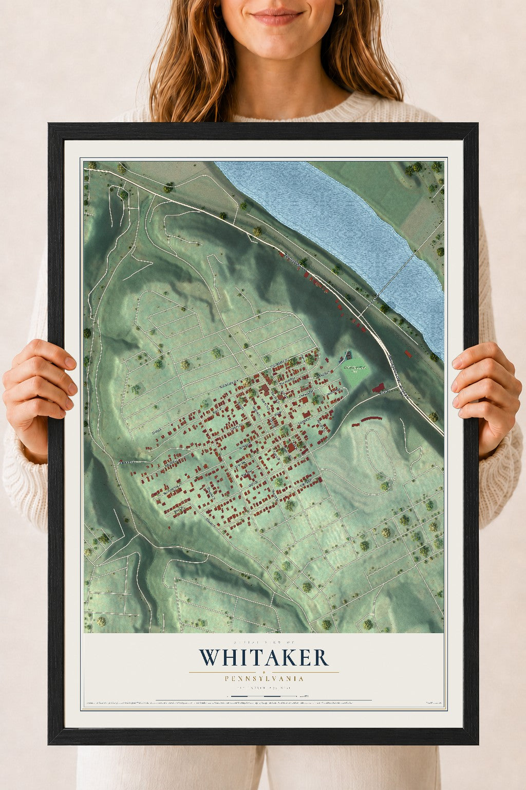 Map of Whitaker, Pennsylvania, 18 x 24 inch print in a black wood frame