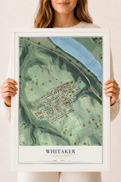 Map of Whitaker, Pennsylvania, 18 x 24 inch print in a white wood frame