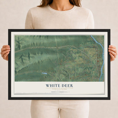 Map of White Deer, Pennsylvania, 12 x 18 inch print in a black wood frame