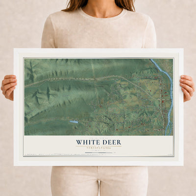 Map of White Deer, Pennsylvania, 12 x 18 inch print in a white wood frame