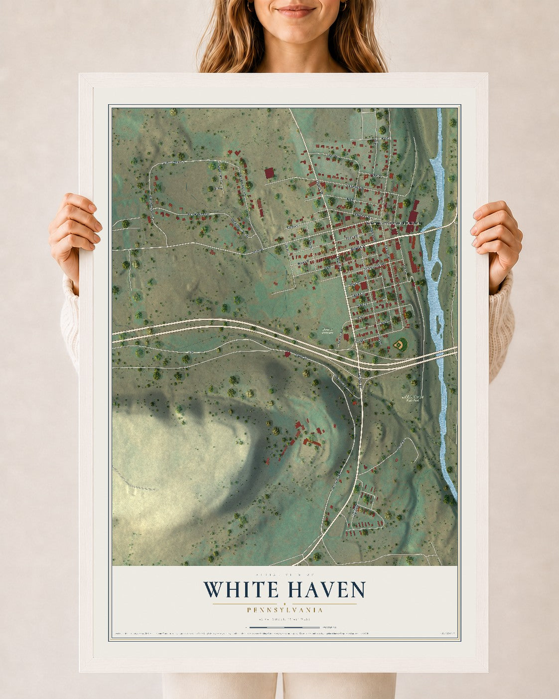 Map of White Haven, Pennsylvania, 24 x 36 inch print in a white wood frame