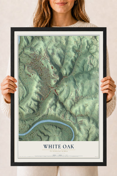 Map of White Oak, Pennsylvania, 18 x 24 inch print in a black wood frame