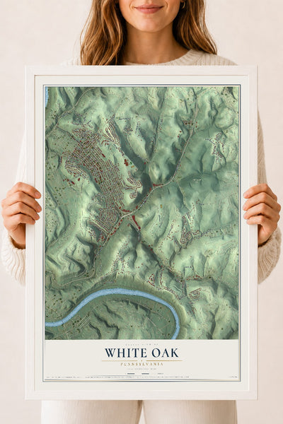 Map of White Oak, Pennsylvania, 18 x 24 inch print in a white wood frame