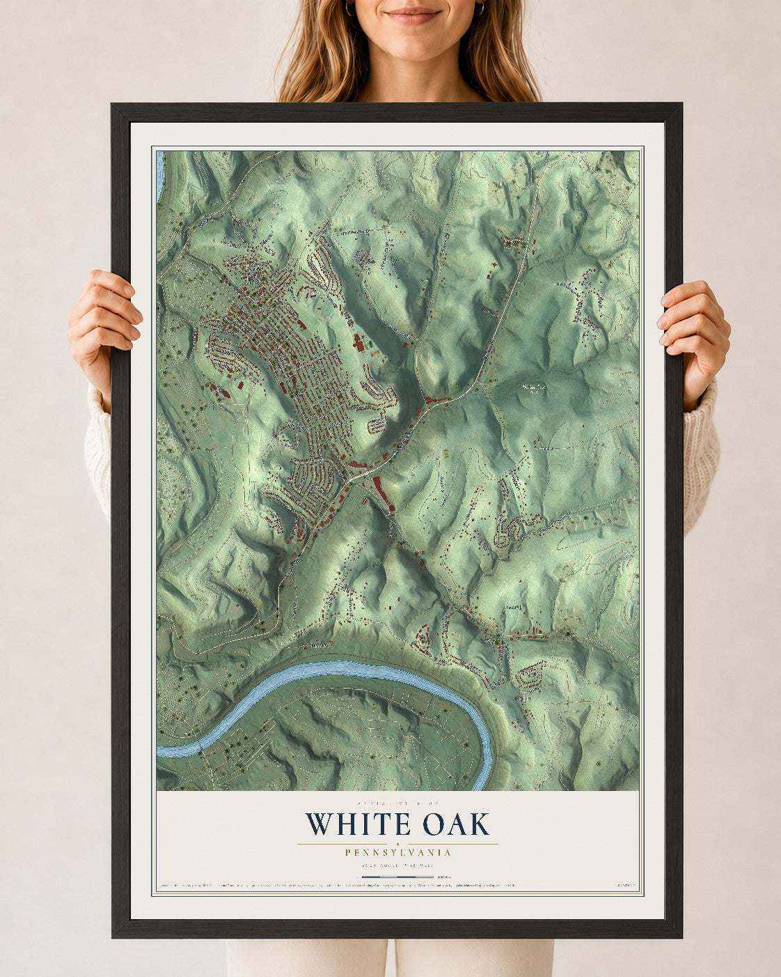 Map of White Oak, Pennsylvania, 24 x 36 inch print in a black wood frame