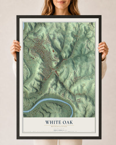 Map of White Oak, Pennsylvania, 24 x 36 inch print in a black wood frame