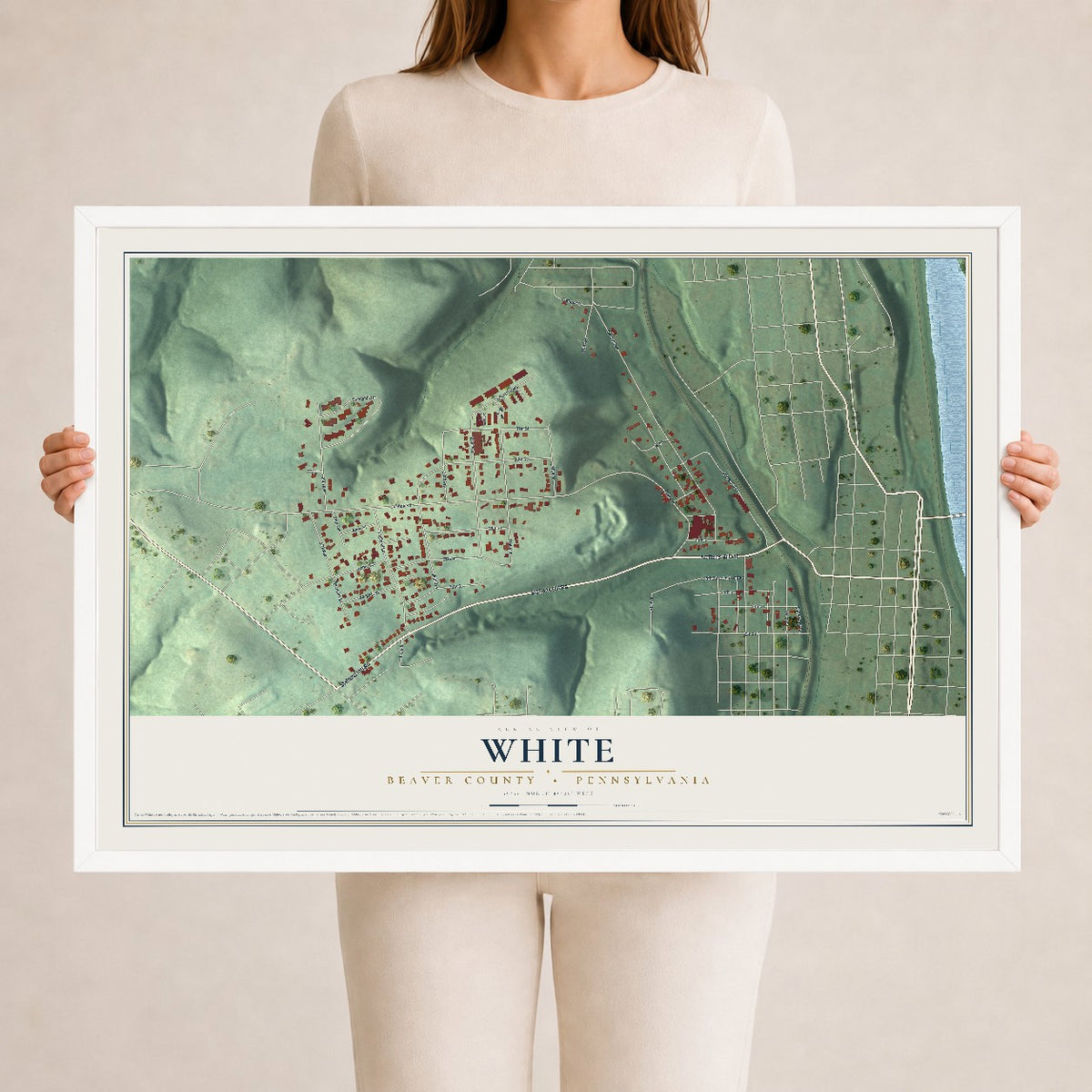 Map of White, Beaver County, Pennsylvania, 24 x 36 inch print in a white wood frame