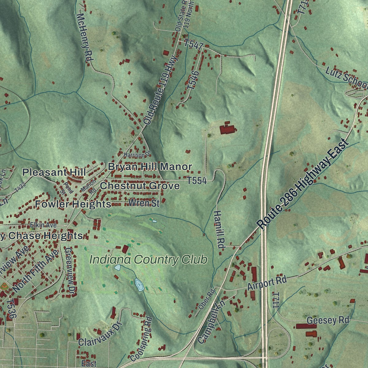 Second close-up of the map of White, Indiana County, Pennsylvania print showing more streets and buildings