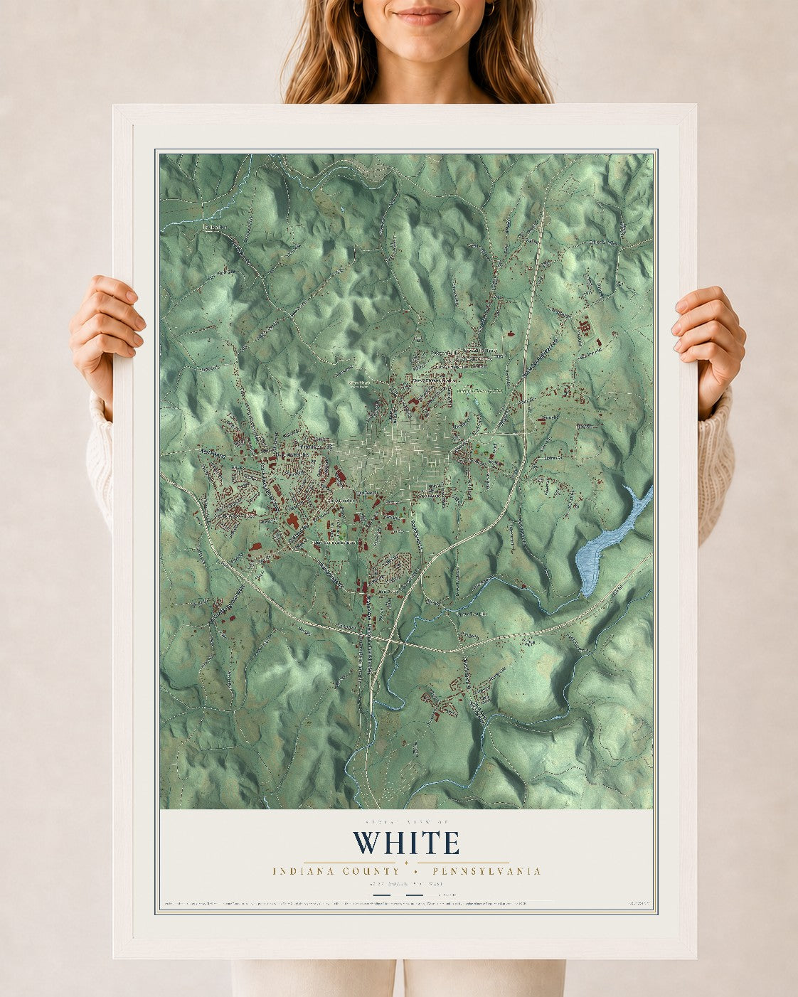 Map of White, Indiana County, Pennsylvania, 24 x 36 inch print in a white wood frame