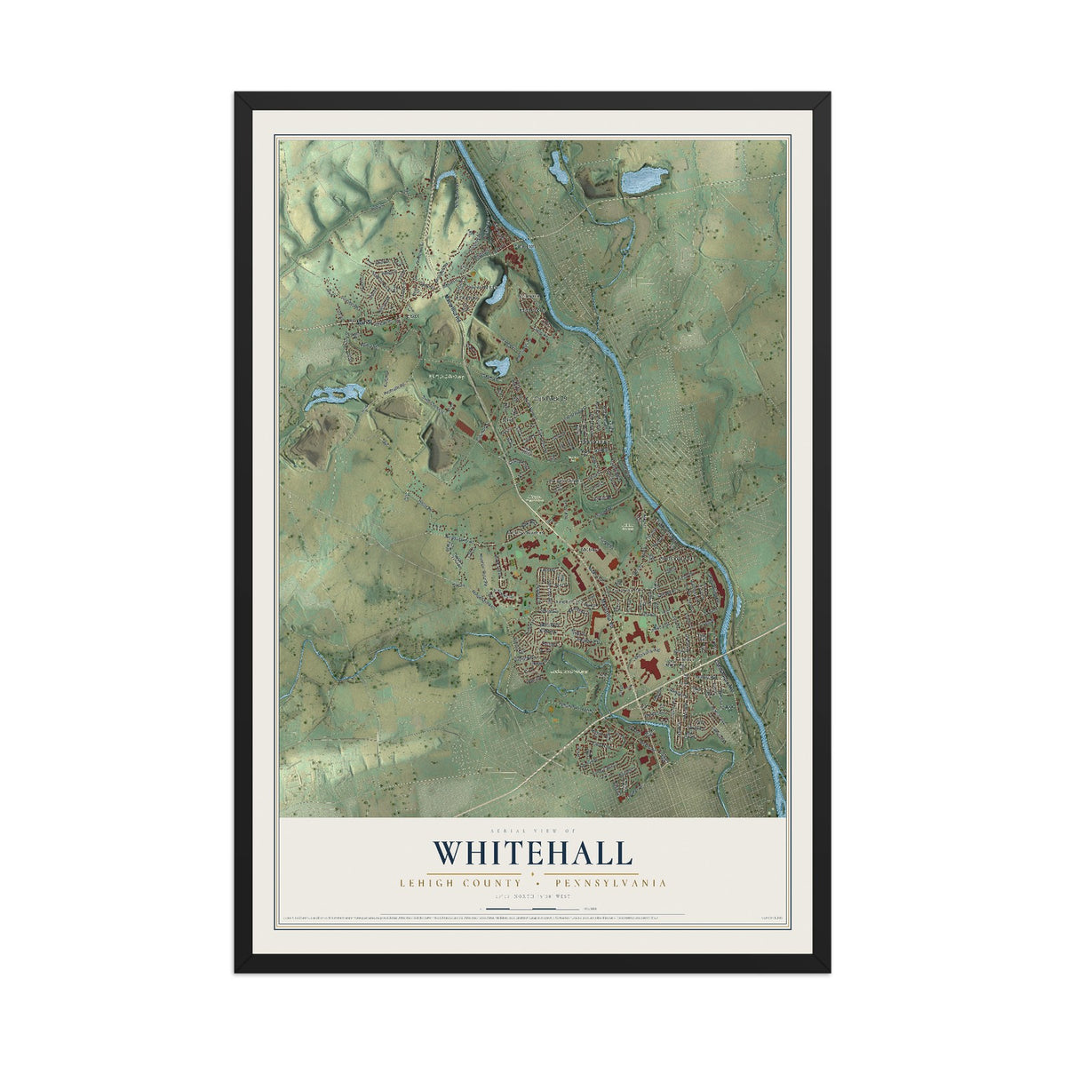 Map of Whitehall, Lehigh County, Pennsylvania, 12 x 18 inch print in a black wood frame