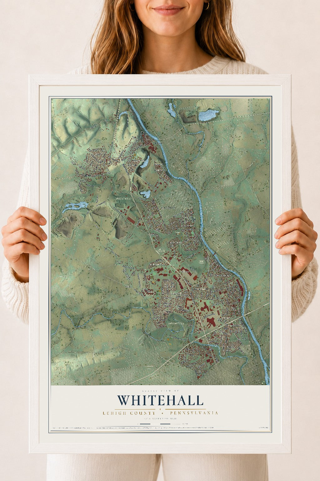 Map of Whitehall, Lehigh County, Pennsylvania, 18 x 24 inch print in a white wood frame