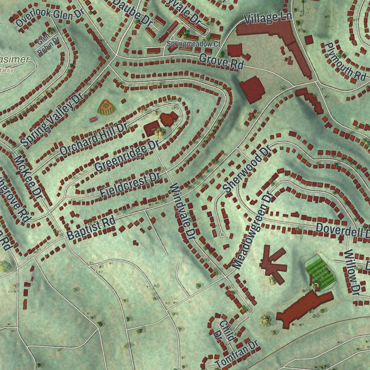 Second close-up of the map of Whitehall, Allegheny County, Pennsylvania print showing more streets and buildings