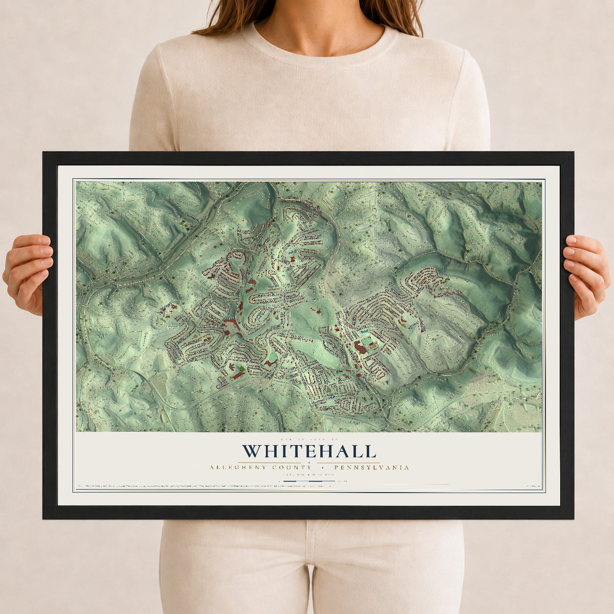 Map of Whitehall, Allegheny County, Pennsylvania, 12 x 18 inch print in a black wood frame