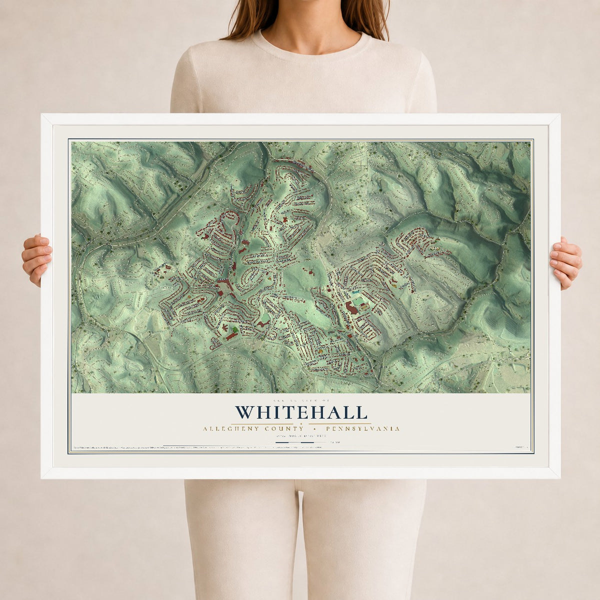 Map of Whitehall, Allegheny County, Pennsylvania, 24 x 36 inch print in a white wood frame