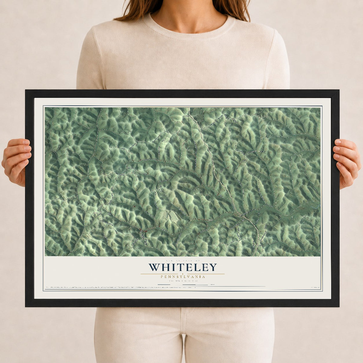 Map of Whiteley, Pennsylvania, 12 x 18 inch print in a black wood frame